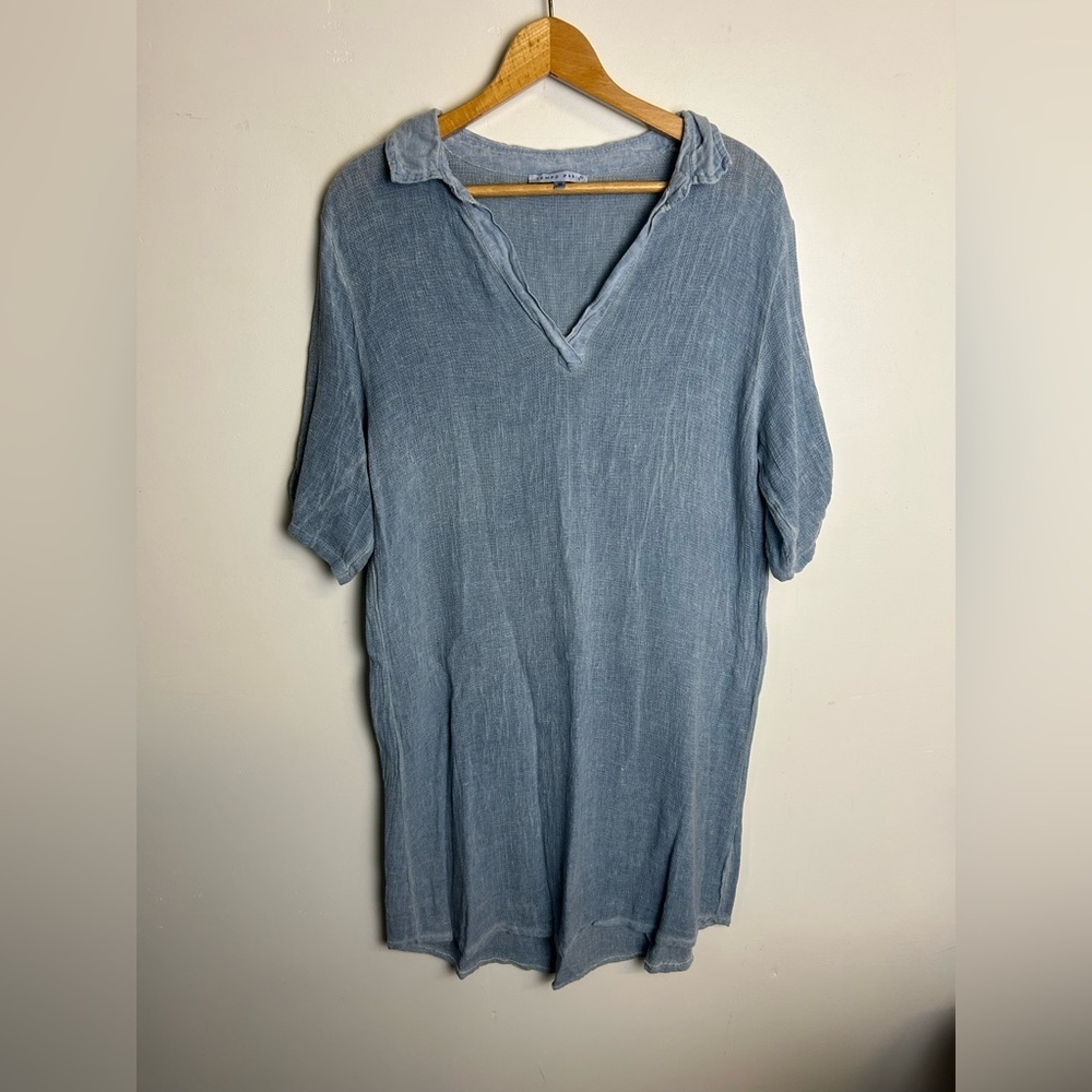 Tempo Paris 100% Italian Linen Midi‎ dress  rustic Lagenlook Long Sleeve Blue M